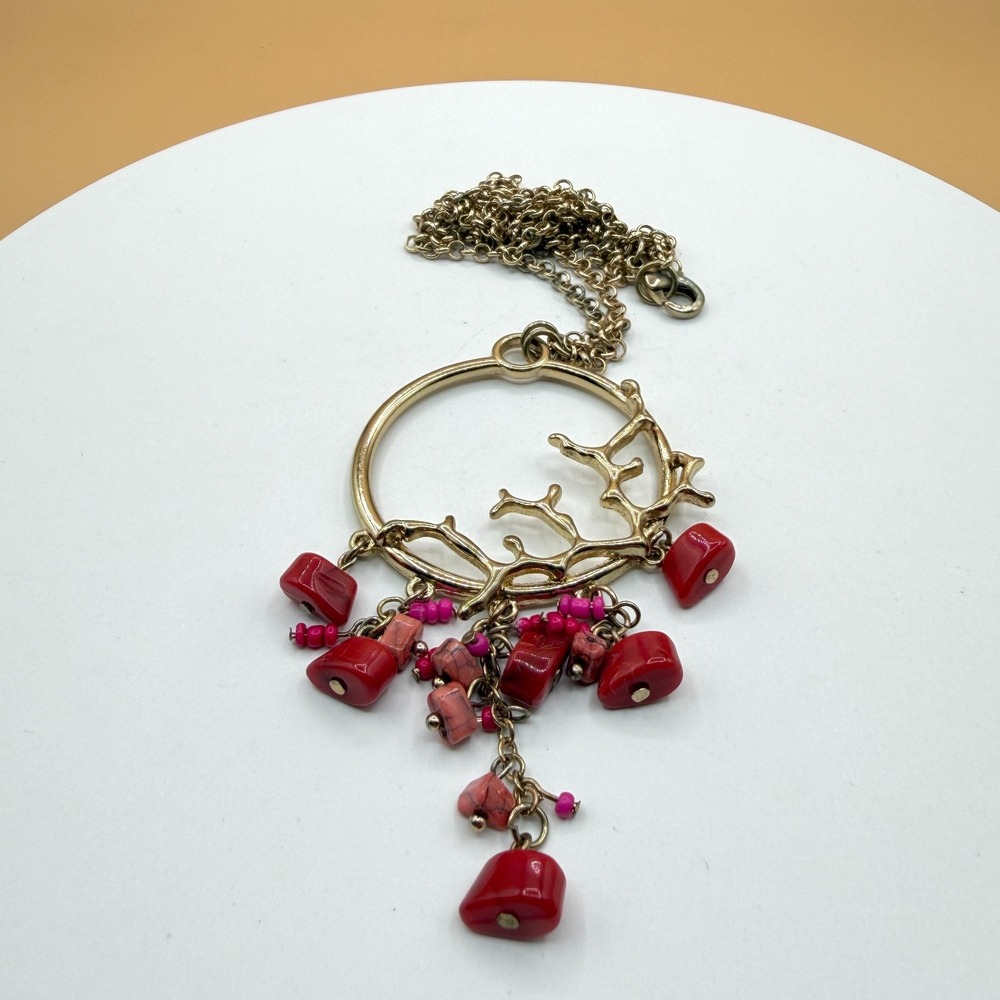 Gold Tone Coral Branch Necklace Red Pink Stone Bead Dangle Statement Pendant
